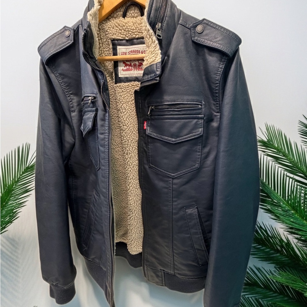 Levi's Men's NavyBlue Faux Leather Sherpa Lined  Aviator Bomber Jacket Medium